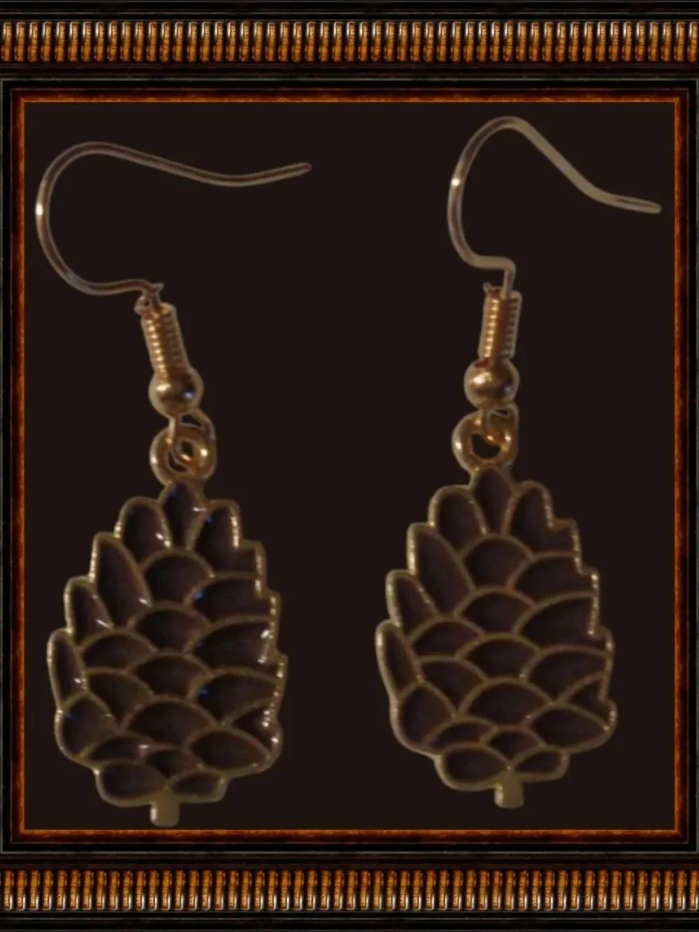 Gold Tone & Brown Pine Cone Theme Dangle Earrings